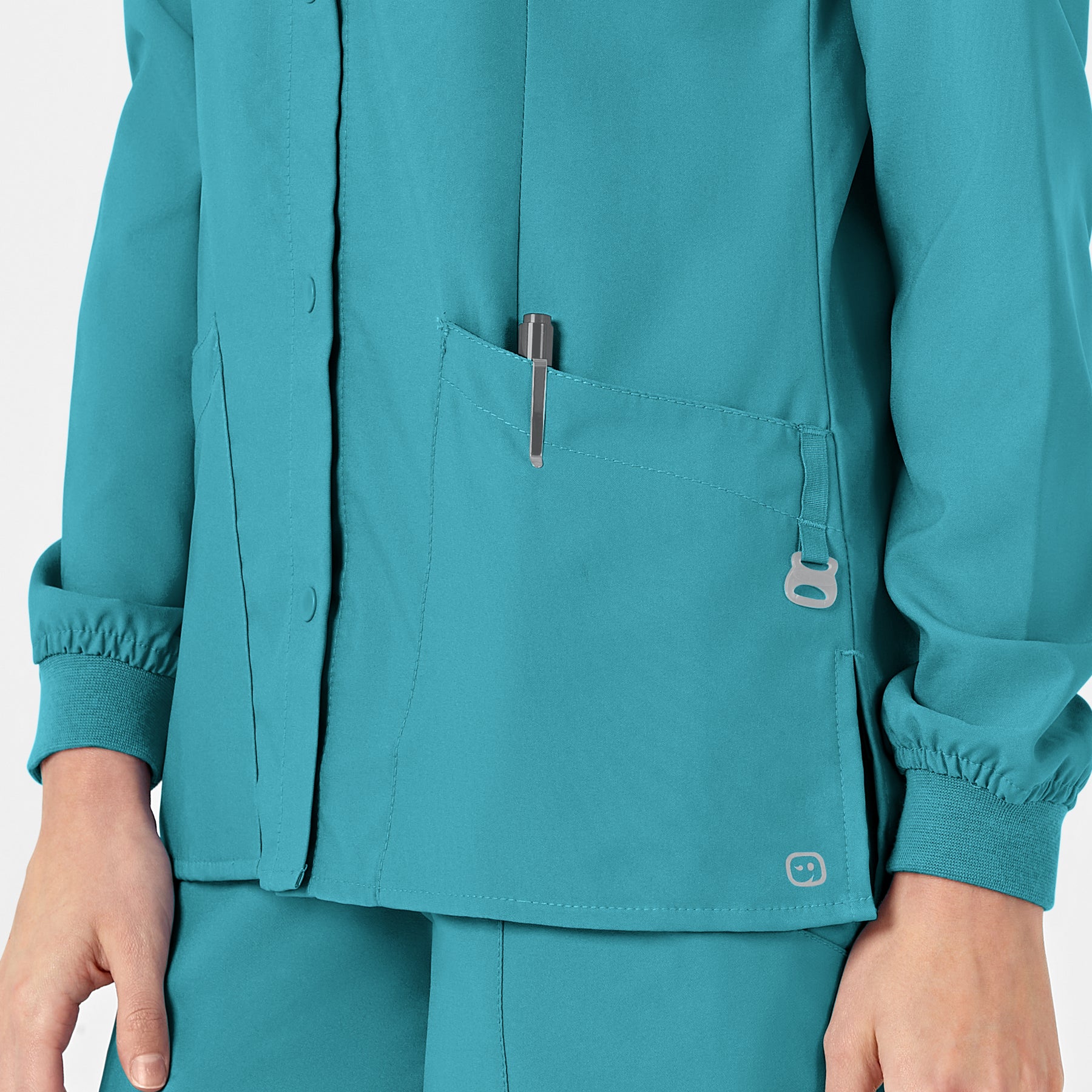 W123 Women's Crew Neck Warm Up Jacket Teal Blue side detail 2