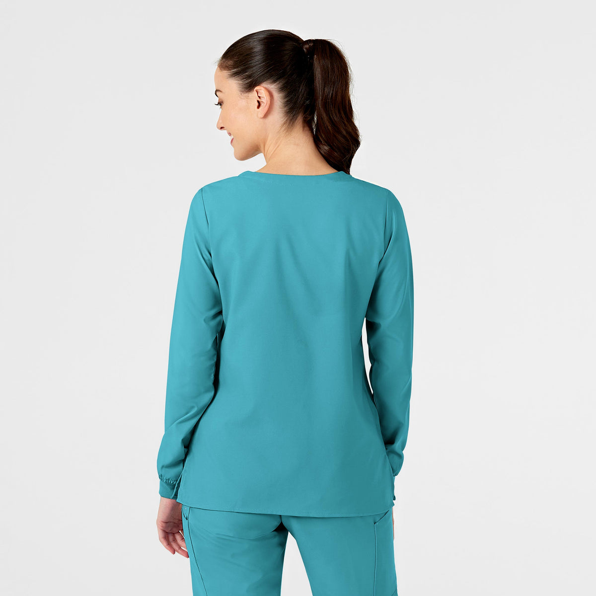 W123 Women's Crew Neck Warm Up Jacket Teal Blue back view
