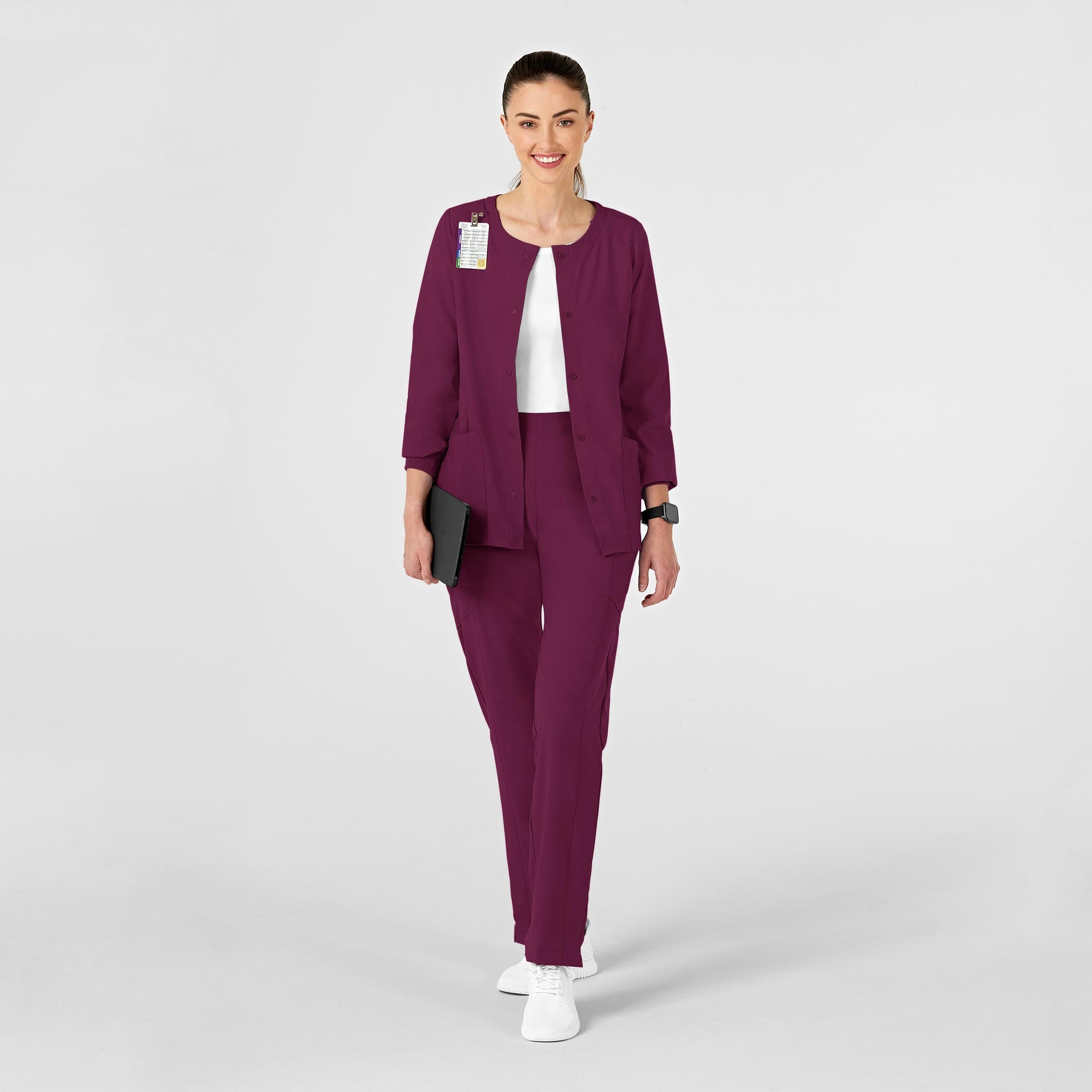 W123 Women's Crew Neck Warm Up Jacket Wine scrub set