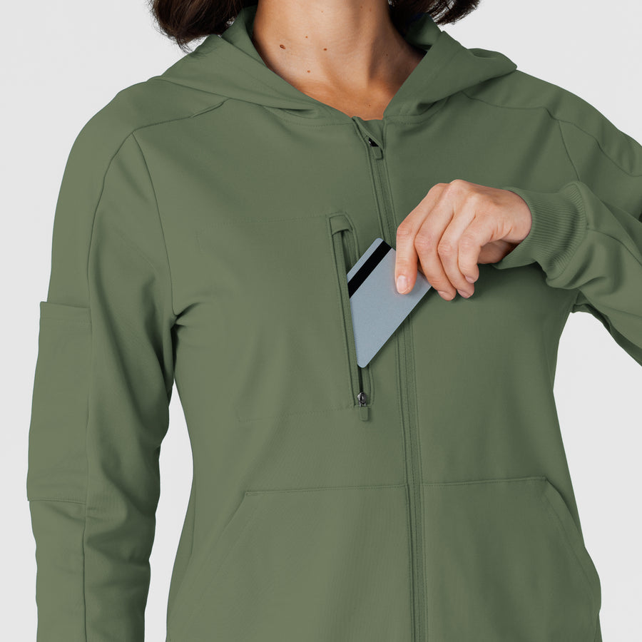 RENEW Knit Women’s Zip Hoodie Olive hemline detail