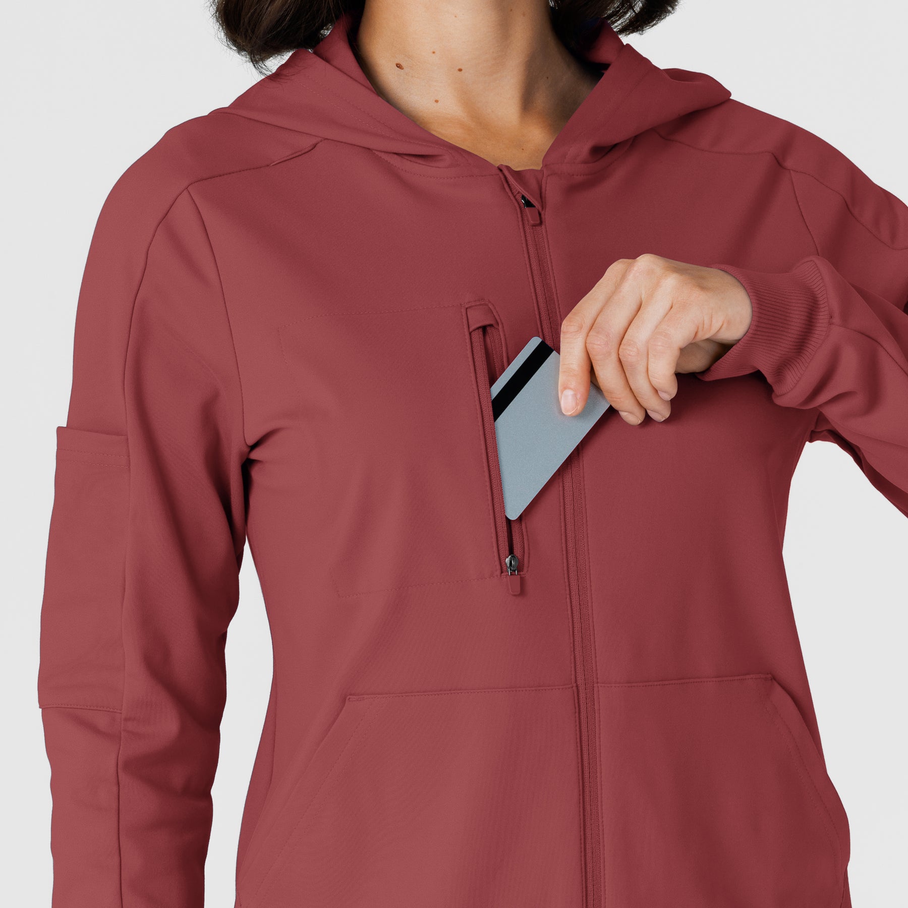RENEW Knit Women’s Zip Hoodie Ruby hemline detail