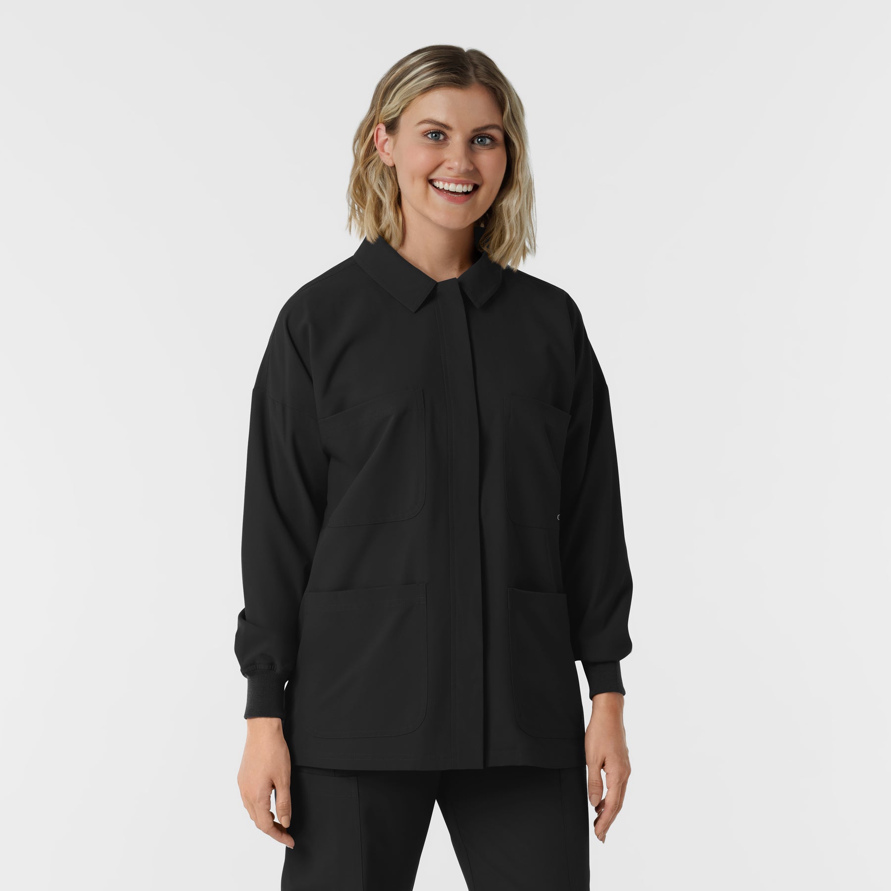 NURTUR Women’s Scrub Shirt Jacket - Black buttoned up