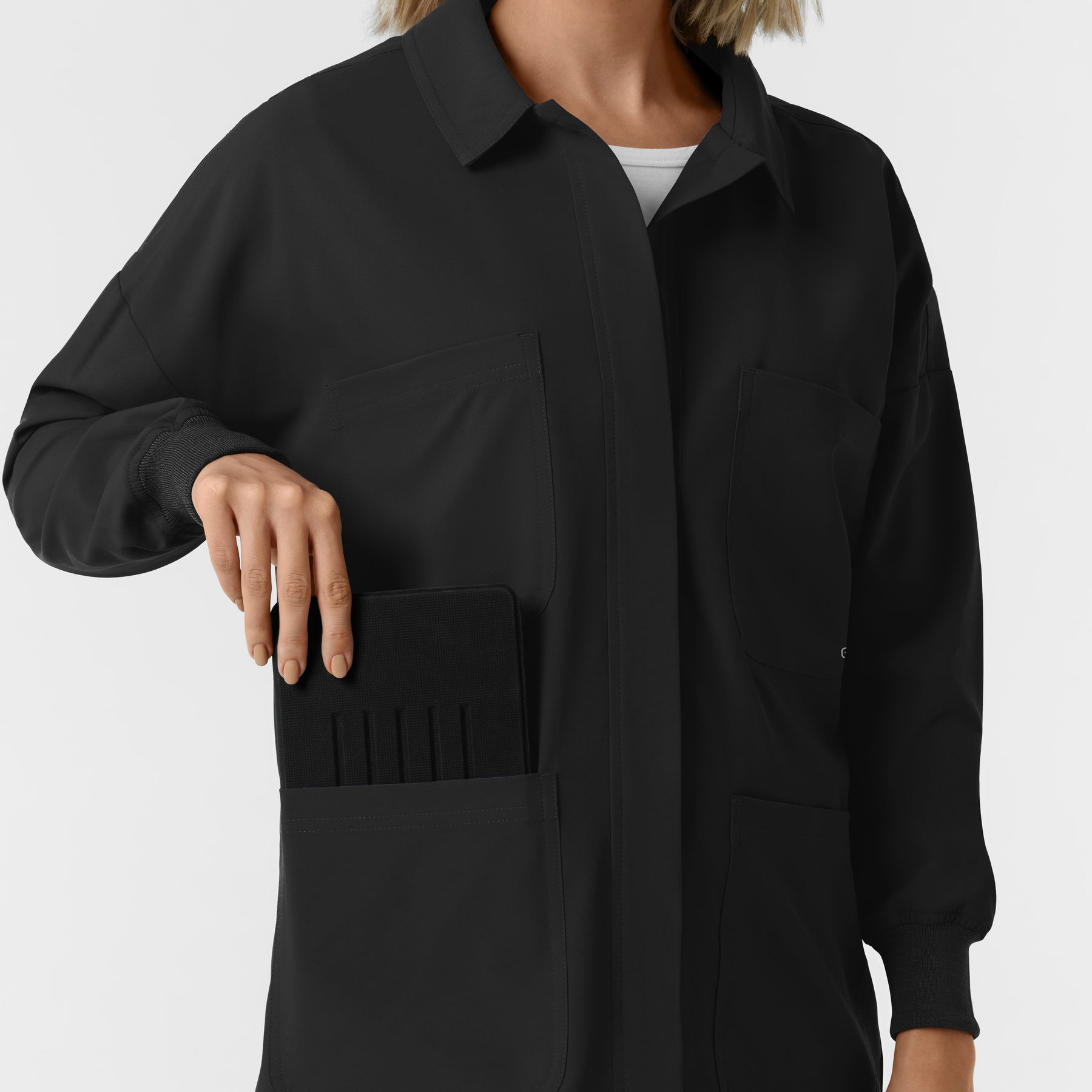 NURTUR Women’s Scrub Shirt Jacket - Black front pocket