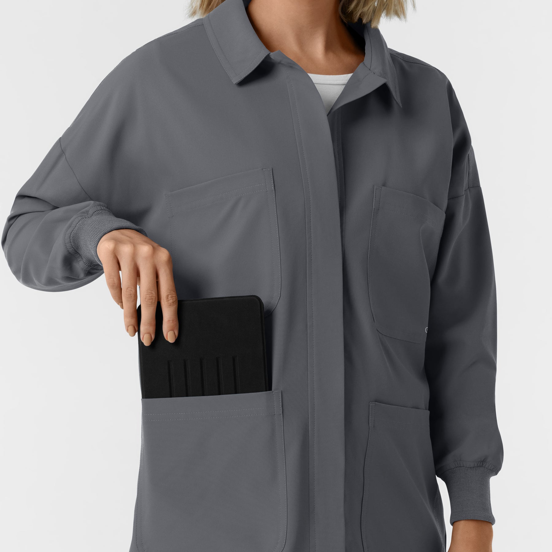 NURTUR Women’s Scrub Shirt Jacket Pewter front pocket