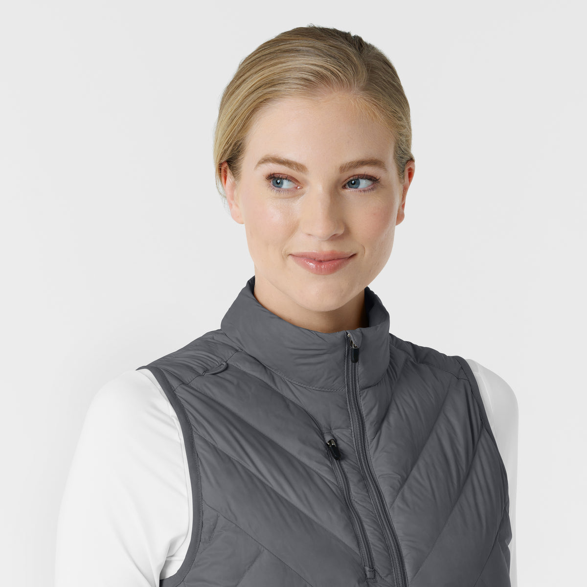 Knits and Layers Women's Quilted Scrub Vest Pewter front detail