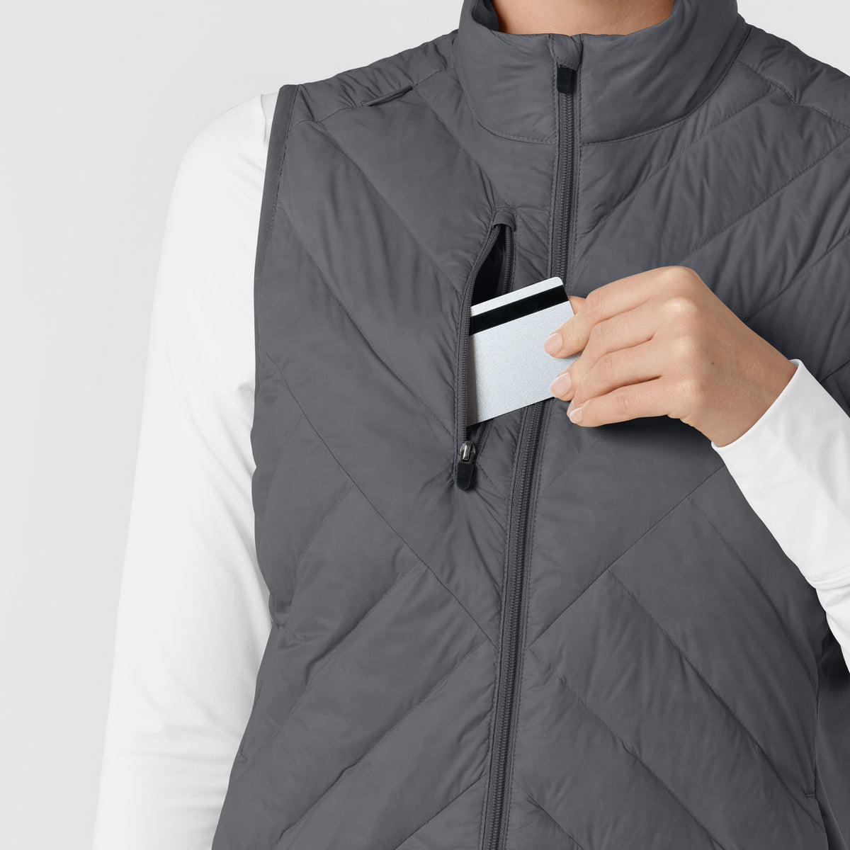 Knits and Layers Women's Quilted Scrub Vest Pewter hemline detail