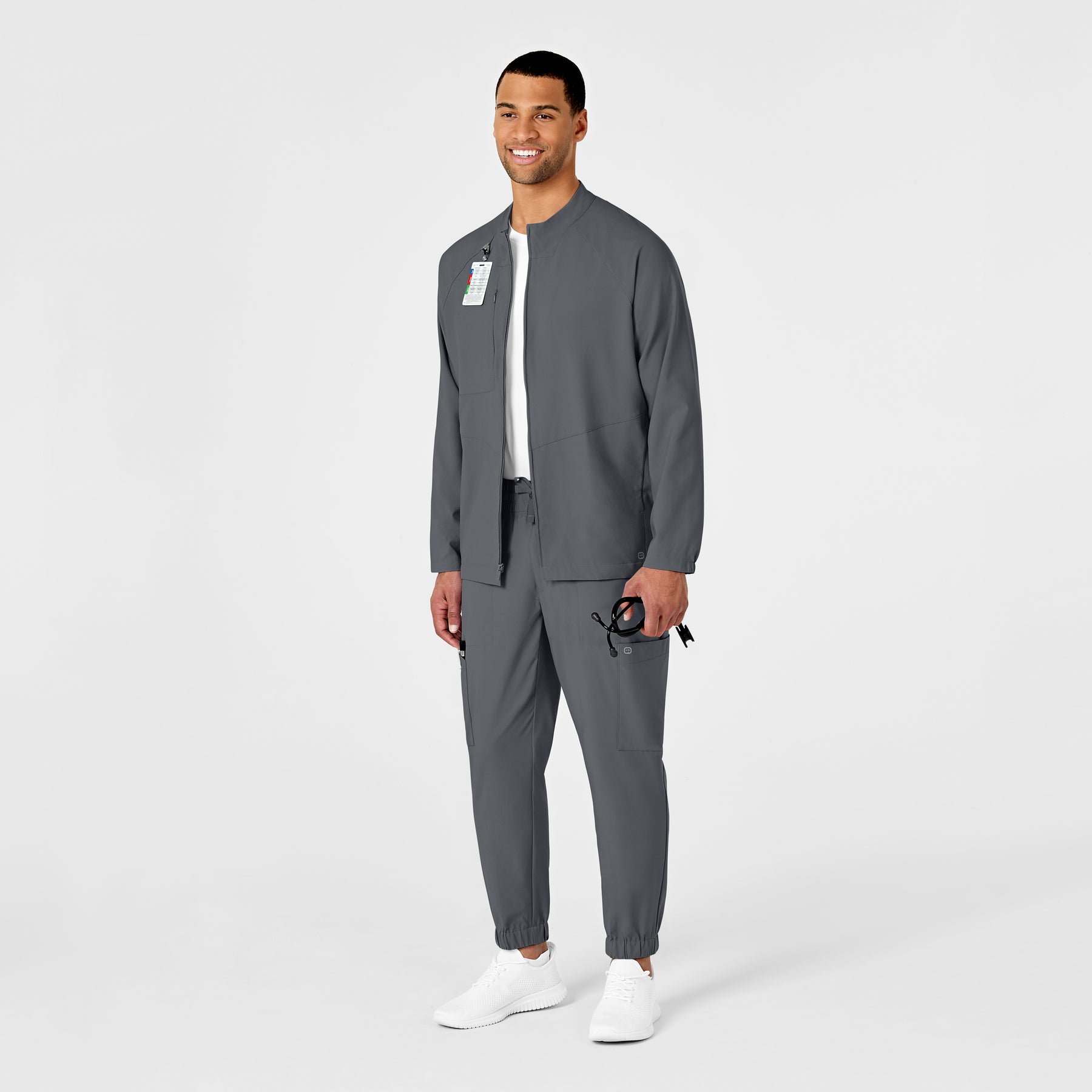 W123 Men's Zip Front Warm Up Jacket Pewter scrub set
