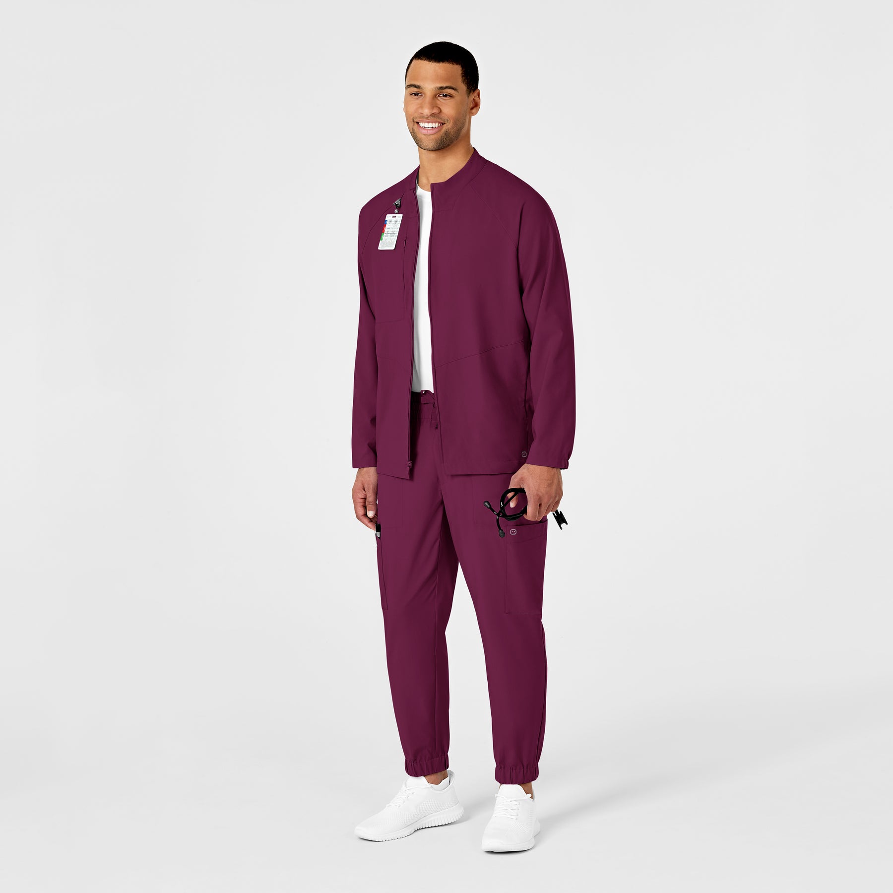 W123 Men's Zip Front Warm Up Jacket Wine scrub set