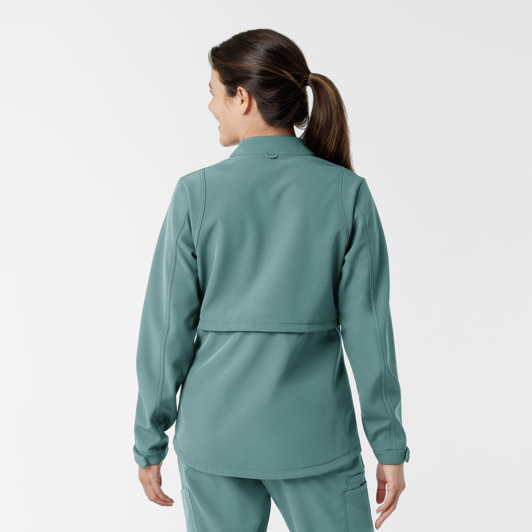 Layers Women's Soft Shell Scrub Jacket Vintage Teal back view