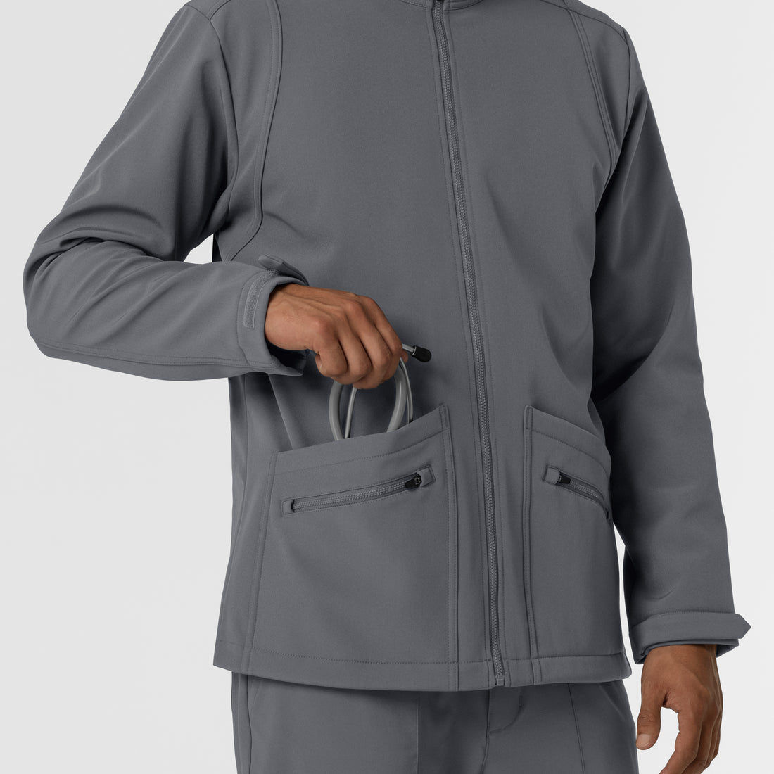 Layers Men's Soft Shell Scrub Jacket Pewter hemline detail