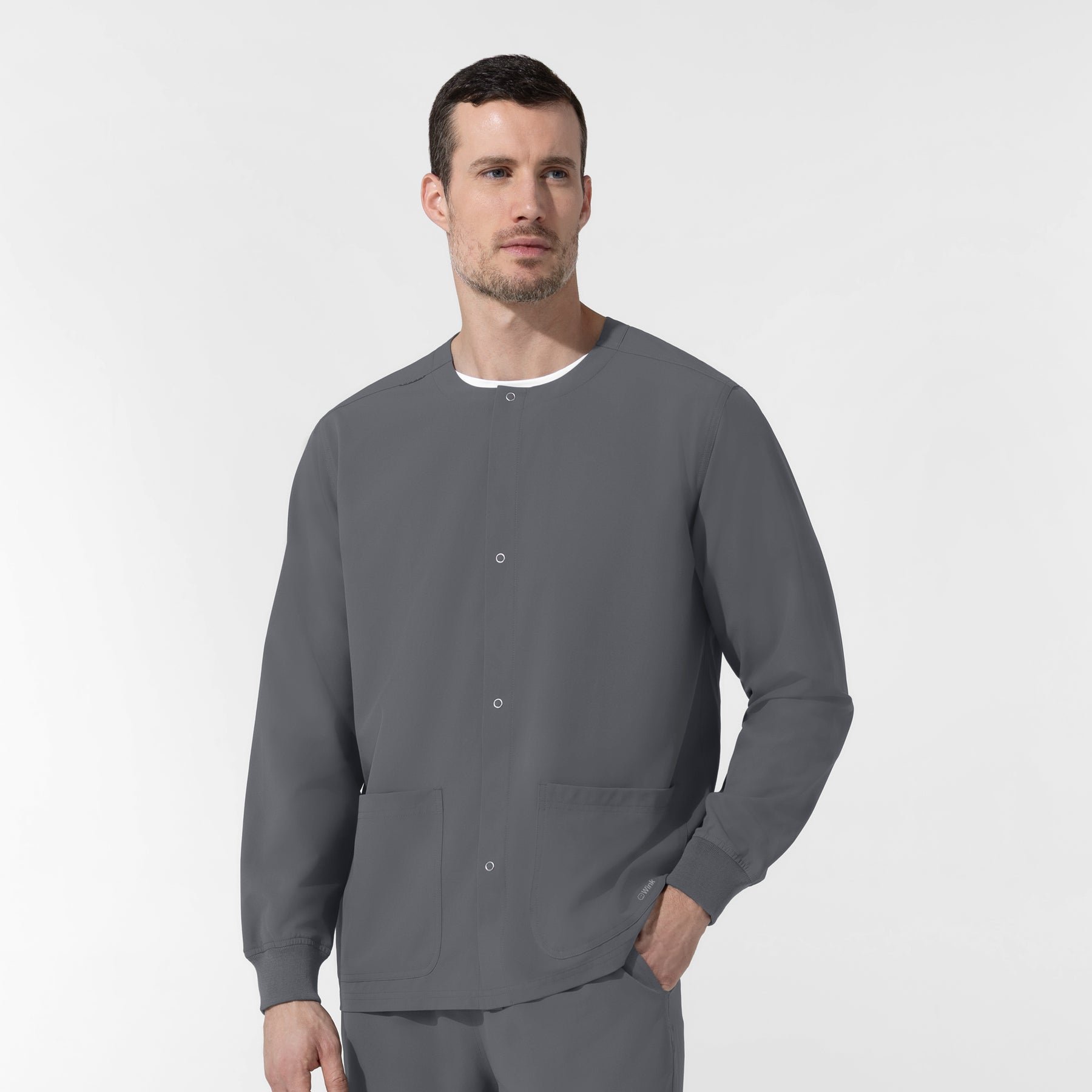 NURTUR Unisex Warm-Up Scrub Jacket - Pewter buttoned up