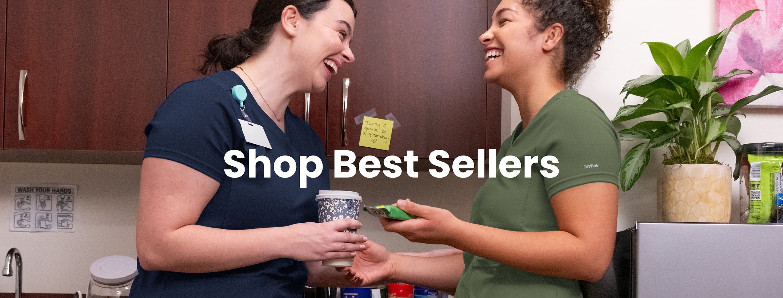 Two women in a kitchen setting in scrubs with text overlay 'Shop Best Sellers'.