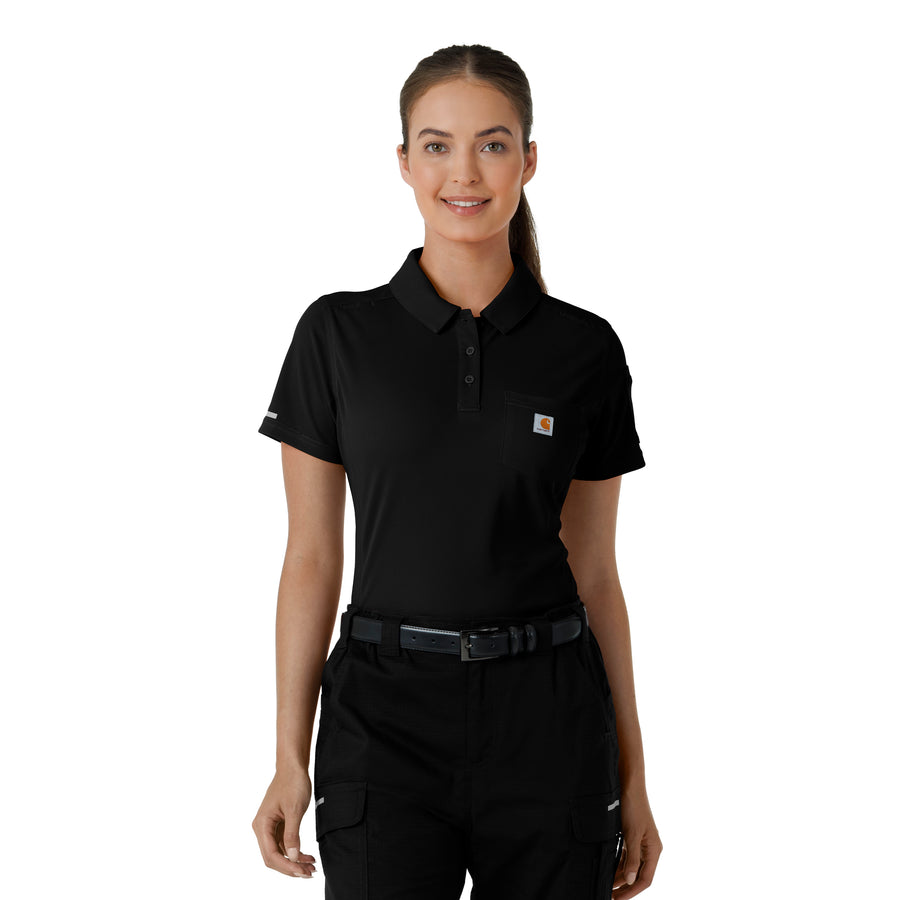 Rugged Flex RSCU Women's Lightweight Short Sleeve Polo Scrub Top Black front detail