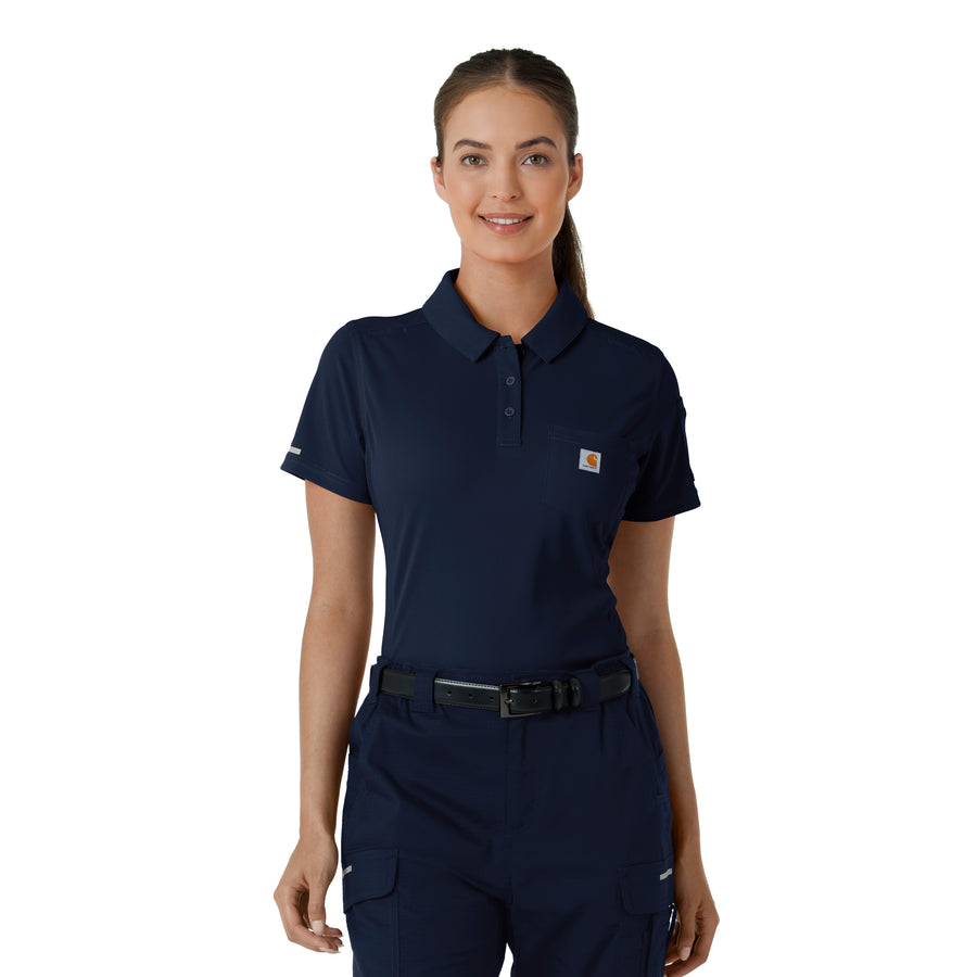 Rugged Flex RSCU Women's Lightweight Short Sleeve Polo Scrub Top Dark Navy front detail