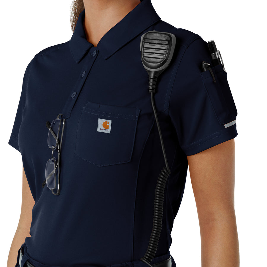Rugged Flex RSCU Women's Lightweight Short Sleeve Polo Scrub Top Dark Navy hemline detail