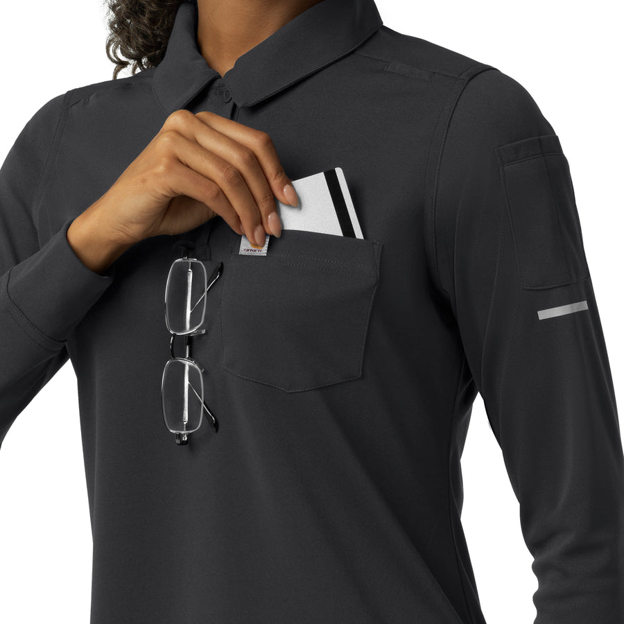 Rugged Flex RSCU Women's Heavyweight Long Sleeve Polo Scrub Top Pewter full scrub set