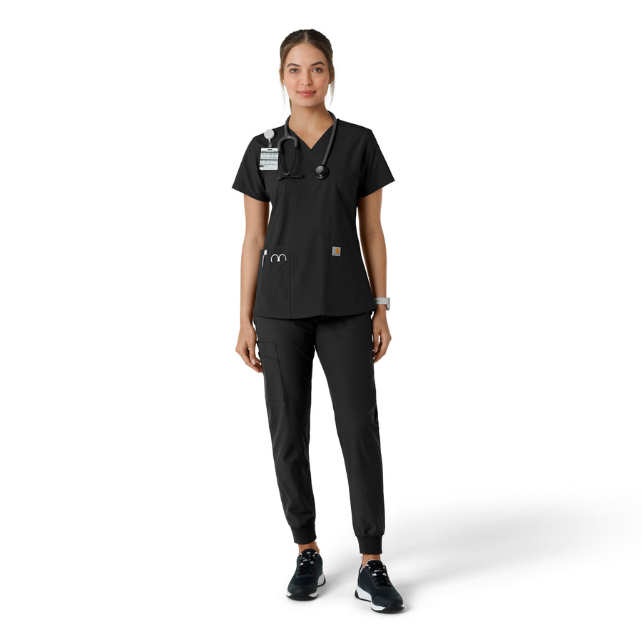 Force Essentials Women's V-Neck Knit Panel Scrub Top Black full scrub set