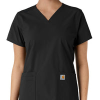 Force Essentials Women's V-Neck Knit Panel Scrub Top Black front detail