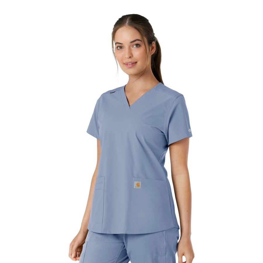Force Essentials Women's V-Neck Knit Panel Scrub Top Ceil Blue side view