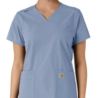 Force Essentials Women's V-Neck Knit Panel Scrub Top Ceil Blue front detail
