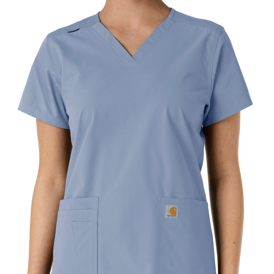 Force Essentials Women's V-Neck Knit Panel Scrub Top Ceil Blue front detail