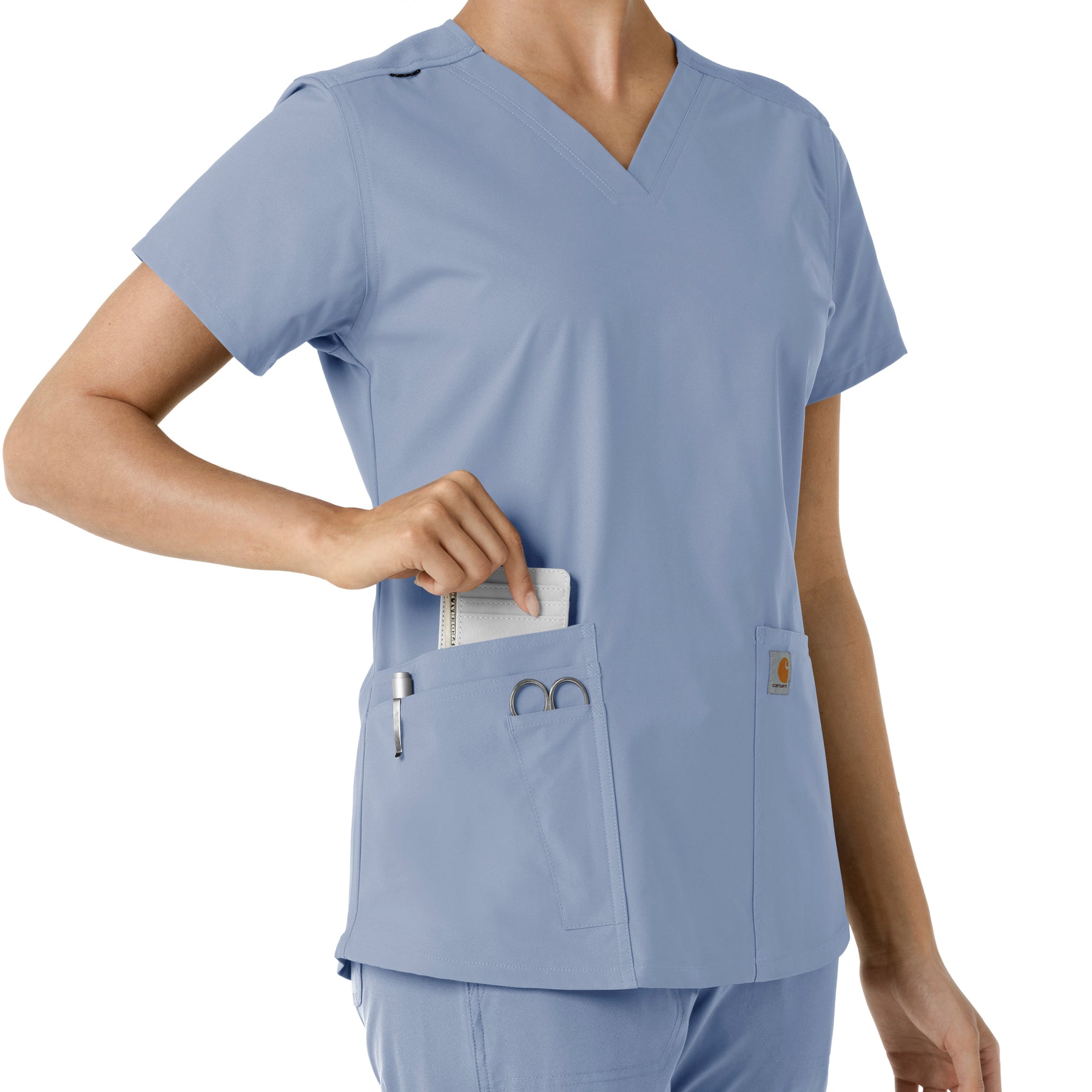 Force Essentials Women's V-Neck Knit Panel Scrub Top Ceil Blue side detail 2