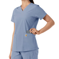 Force Essentials Women's V-Neck Knit Panel Scrub Top Ceil Blue back detail