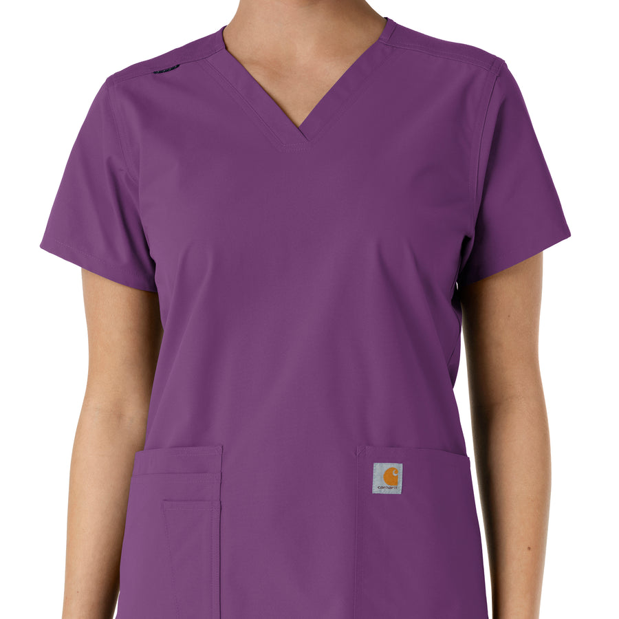 Force Essentials Women's V-Neck Knit Panel Scrub Top Eggplant front detail