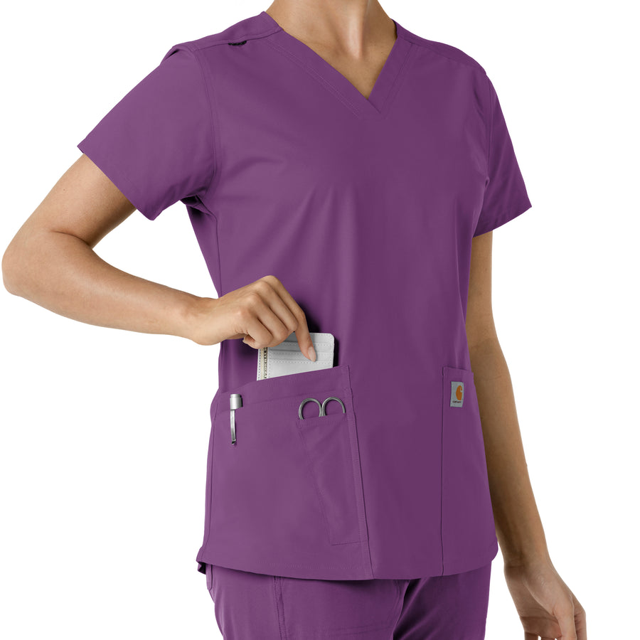 Force Essentials Women's V-Neck Knit Panel Scrub Top Eggplant side detail 2