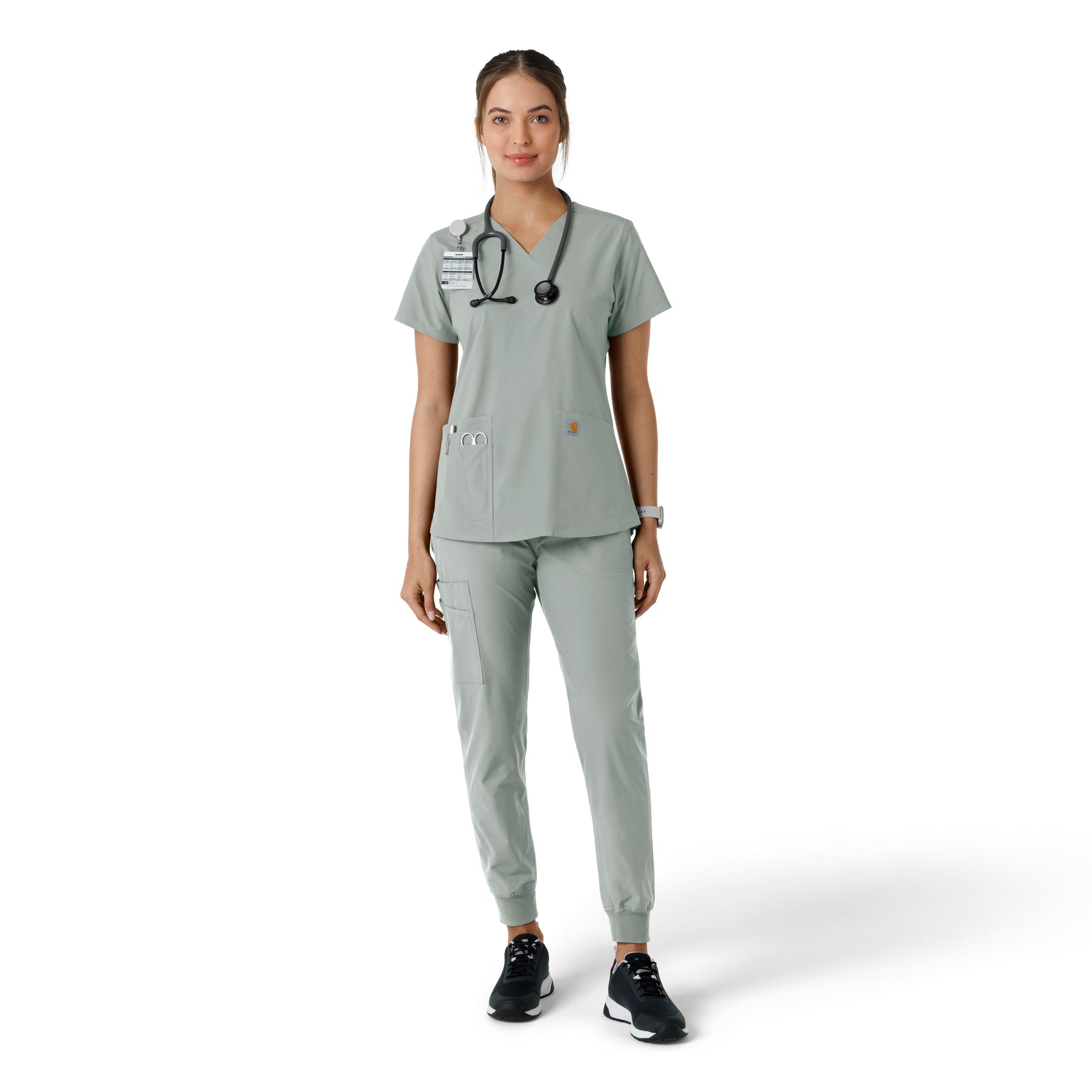Force Essentials Women's V-Neck Knit Panel Scrub Top Grey full scrub set