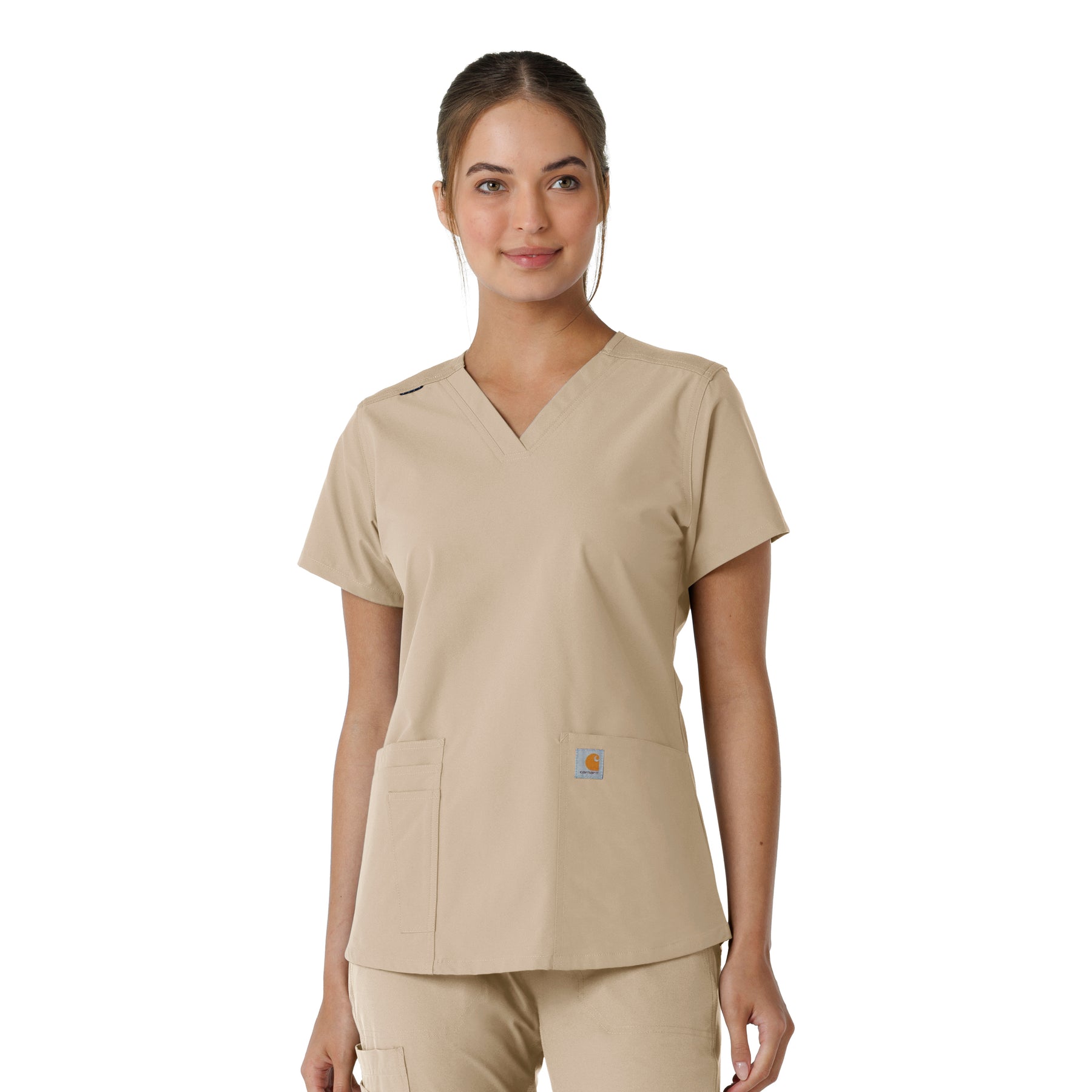 Force Essentials Women's V-Neck Knit Panel Scrub Top Khaki