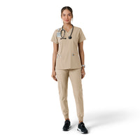 Force Essentials Women's V-Neck Knit Panel Scrub Top Khaki full scrub set