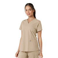 Force Essentials Women's V-Neck Knit Panel Scrub Top Khaki side view