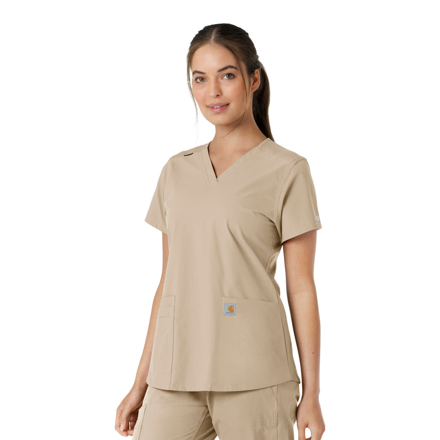 Force Essentials Women's V-Neck Knit Panel Scrub Top Khaki side view