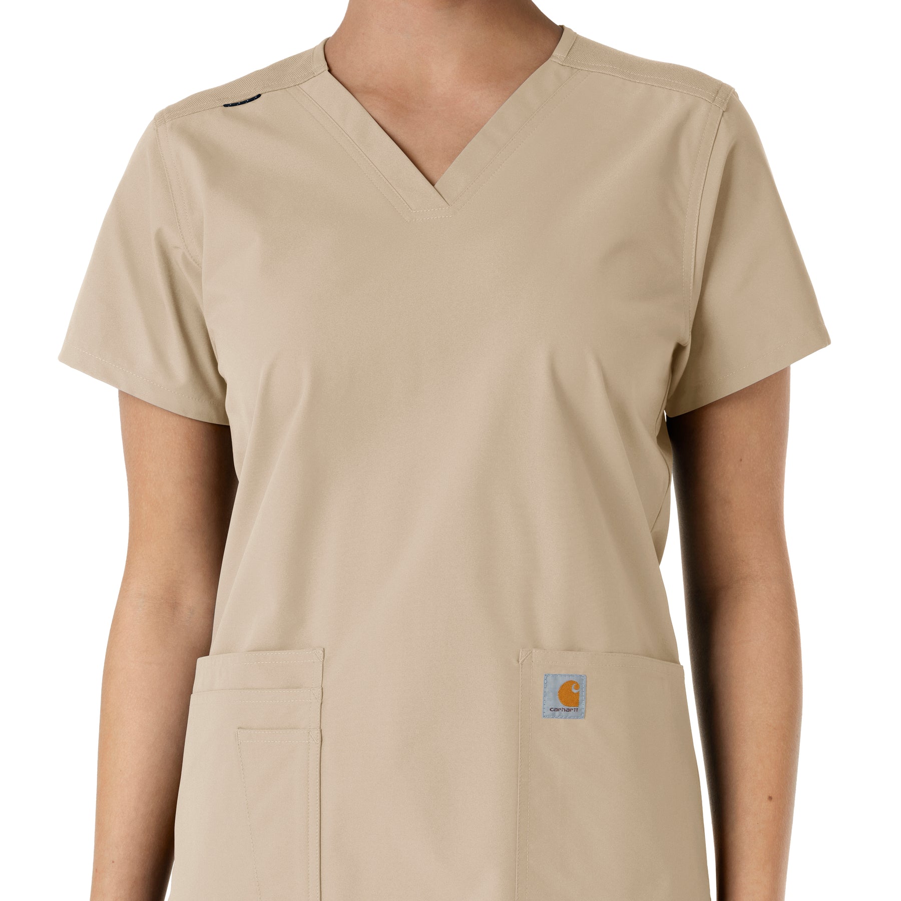 Force Essentials Women's V-Neck Knit Panel Scrub Top Khaki front detail