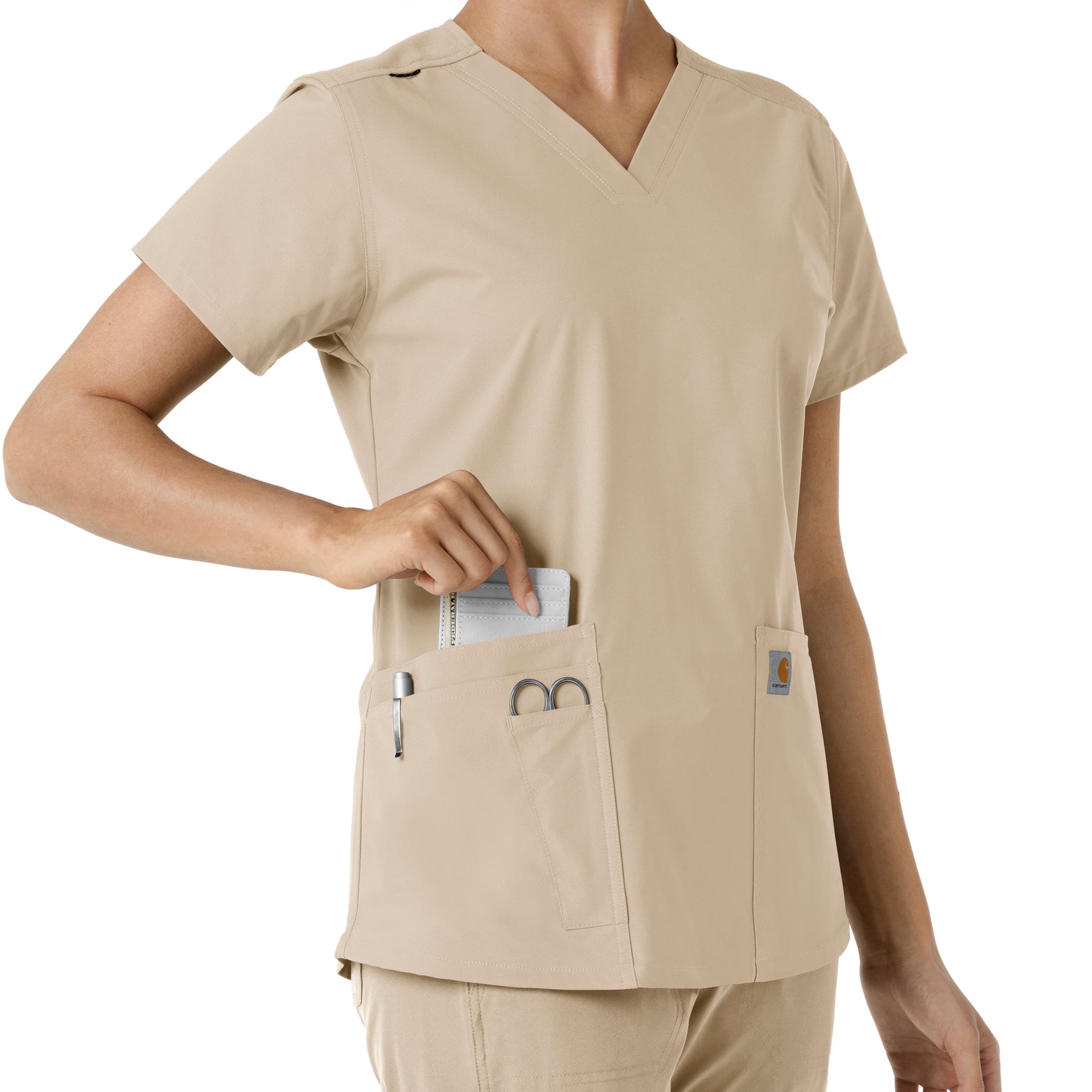 Force Essentials Women's V-Neck Knit Panel Scrub Top Khaki side detail 2