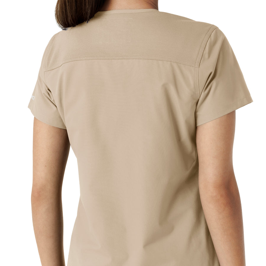 Force Essentials Women's V-Neck Knit Panel Scrub Top Khaki hemline detail