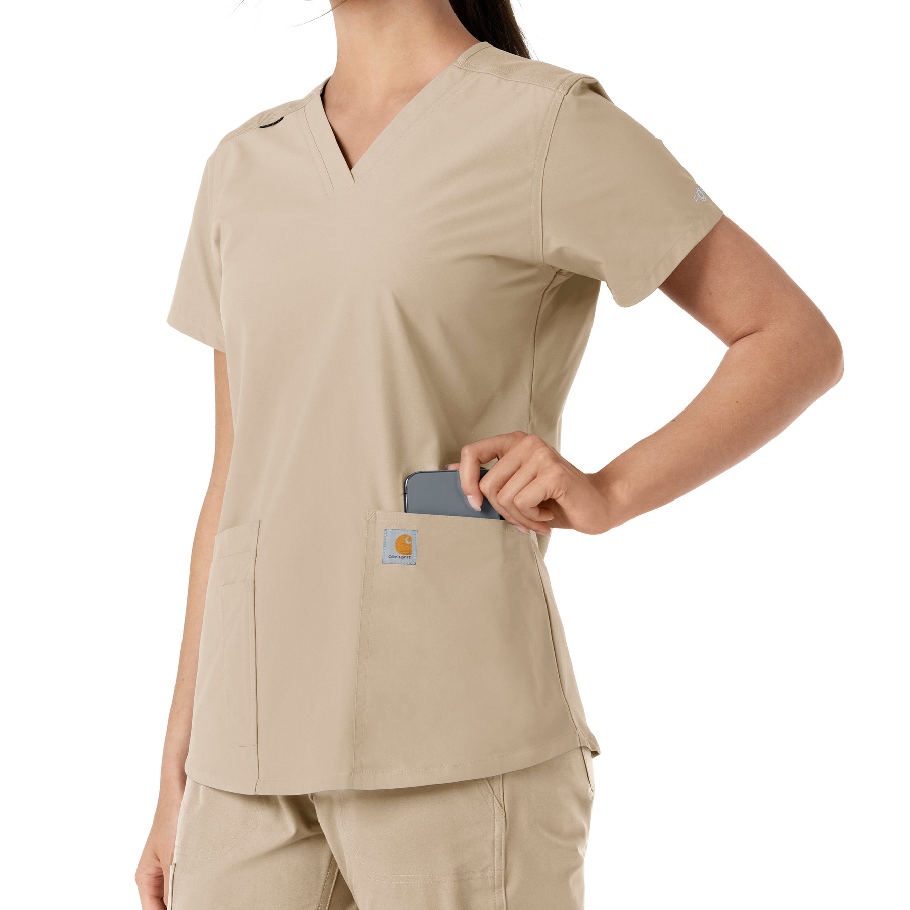 Force Essentials Women's V-Neck Knit Panel Scrub Top Khaki back detail