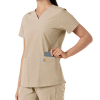 Force Essentials Women's V-Neck Knit Panel Scrub Top Khaki back detail