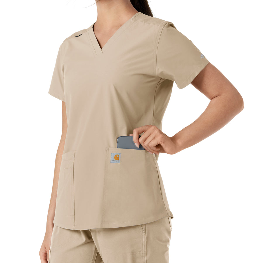 Force Essentials Women's V-Neck Knit Panel Scrub Top Khaki back detail
