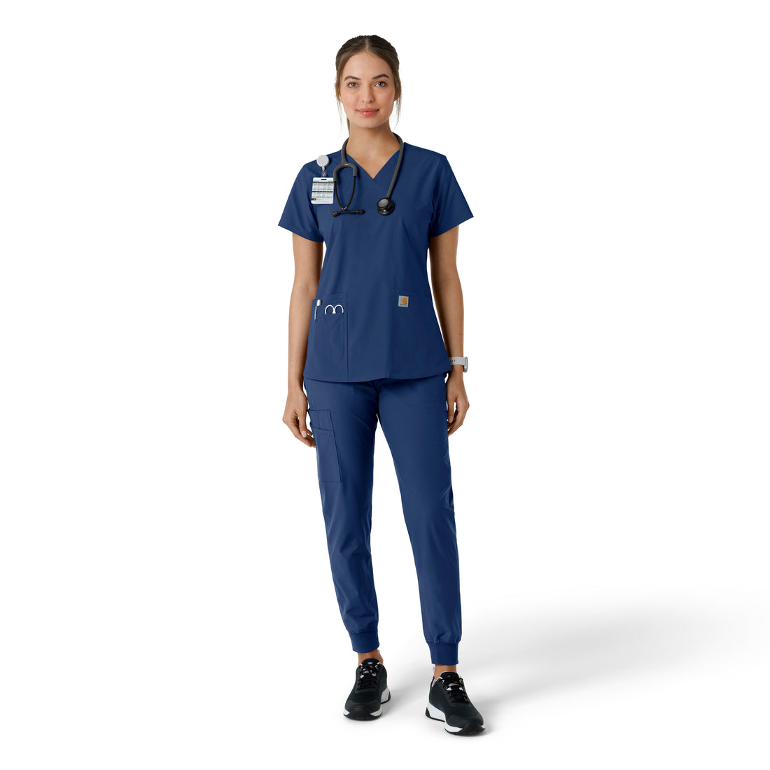 Force Essentials Women's V-Neck Knit Panel Scrub Top Navy full scrub set
