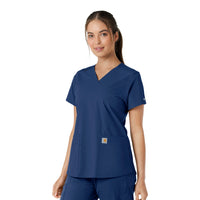 Force Essentials Women's V-Neck Knit Panel Scrub Top Navy side view