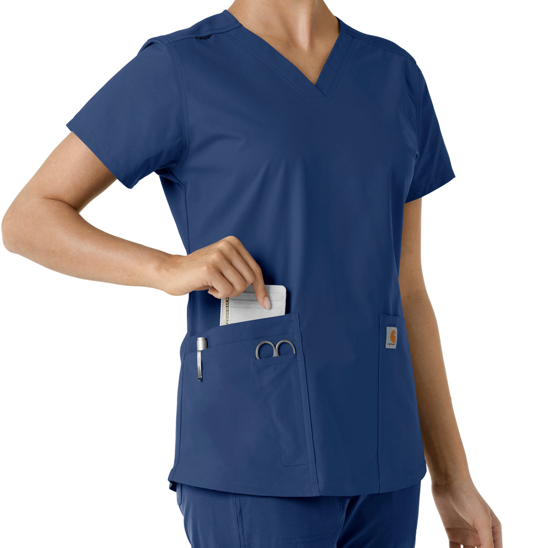 Force Essentials Women's V-Neck Knit Panel Scrub Top Navy side detail 2
