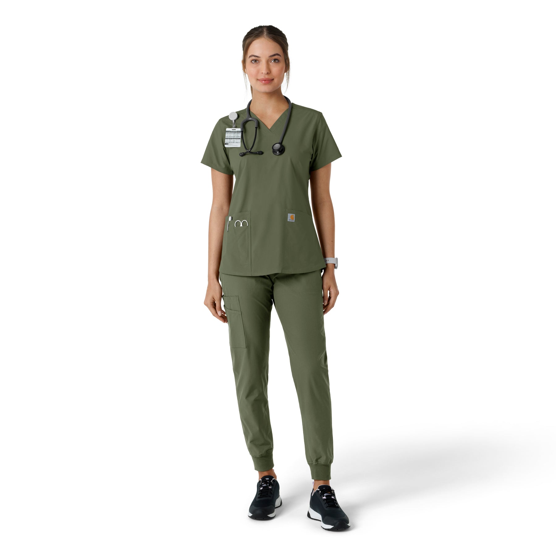 Force Essentials Women's V-Neck Knit Panel Scrub Top Olive full scrub set