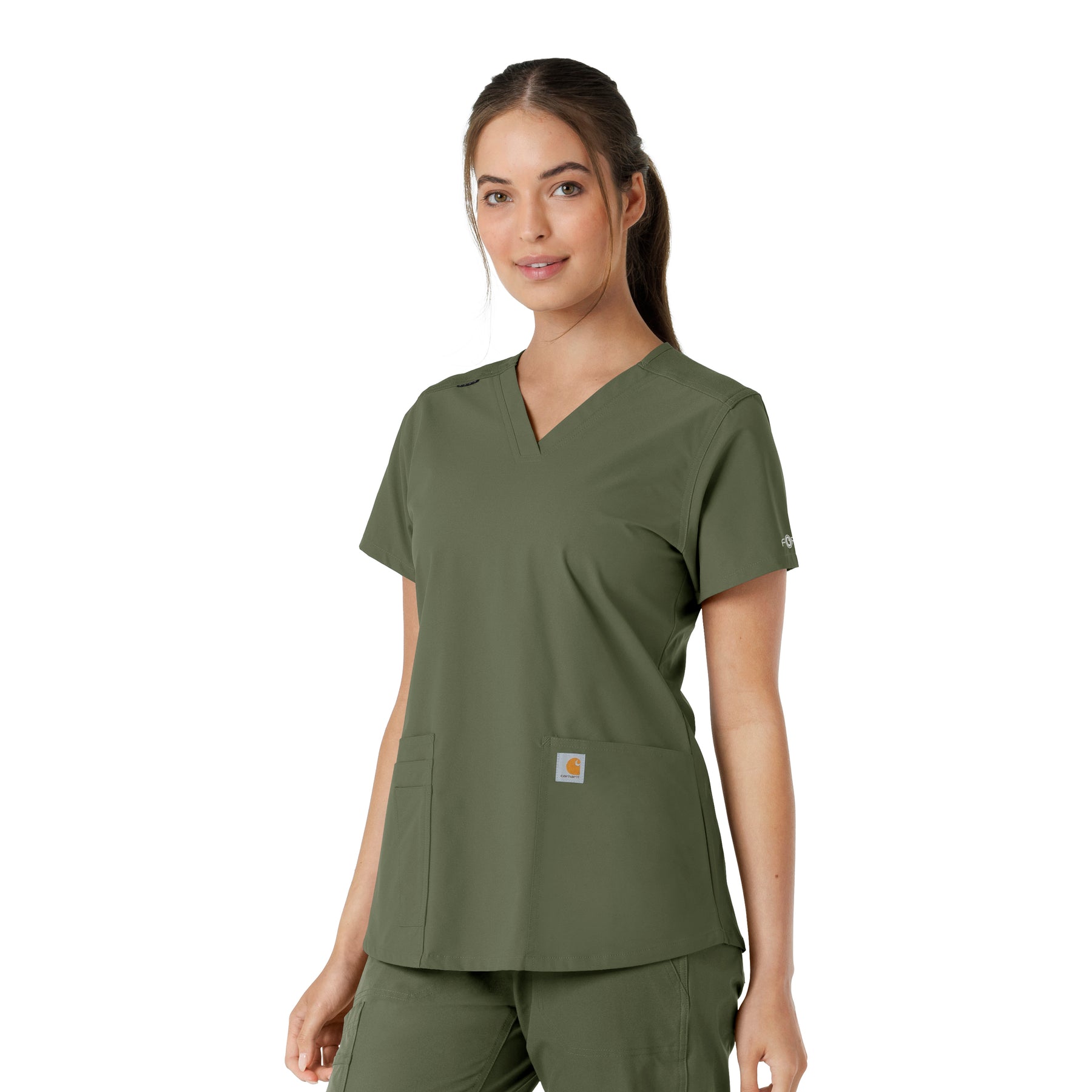 Force Essentials Women's V-Neck Knit Panel Scrub Top Olive side view