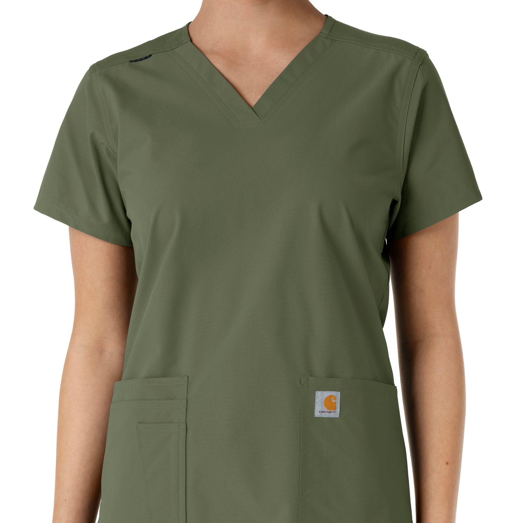 Force Essentials Women's V-Neck Knit Panel Scrub Top Olive front detail