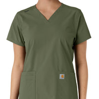 Force Essentials Women's V-Neck Knit Panel Scrub Top Olive front detail