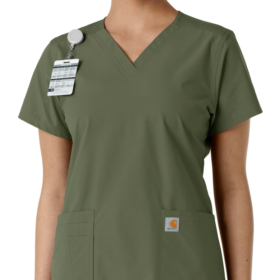 Force Essentials Women's V-Neck Knit Panel Scrub Top Olive side detail 1