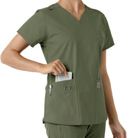 Force Essentials Women's V-Neck Knit Panel Scrub Top Olive side detail 2