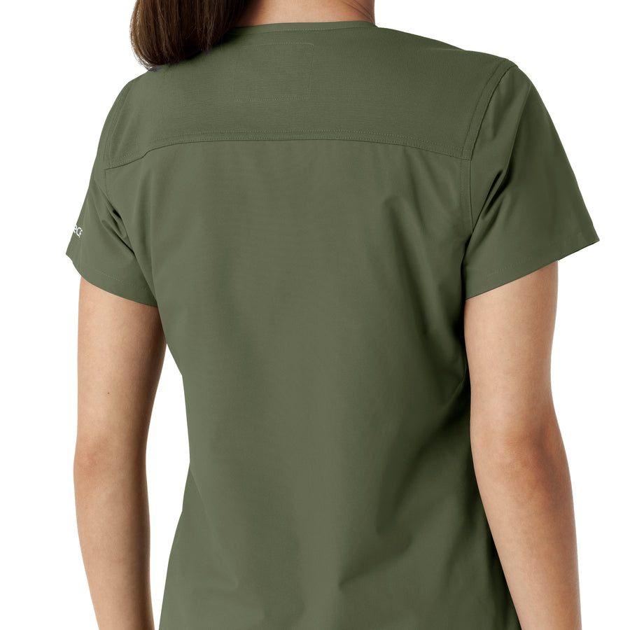 Force Essentials Women's V-Neck Knit Panel Scrub Top Olive hemline detail